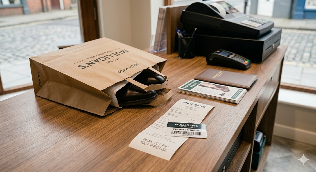 A retail counter detail — loyalty card, receipt, and shopping bag at the point of farewell