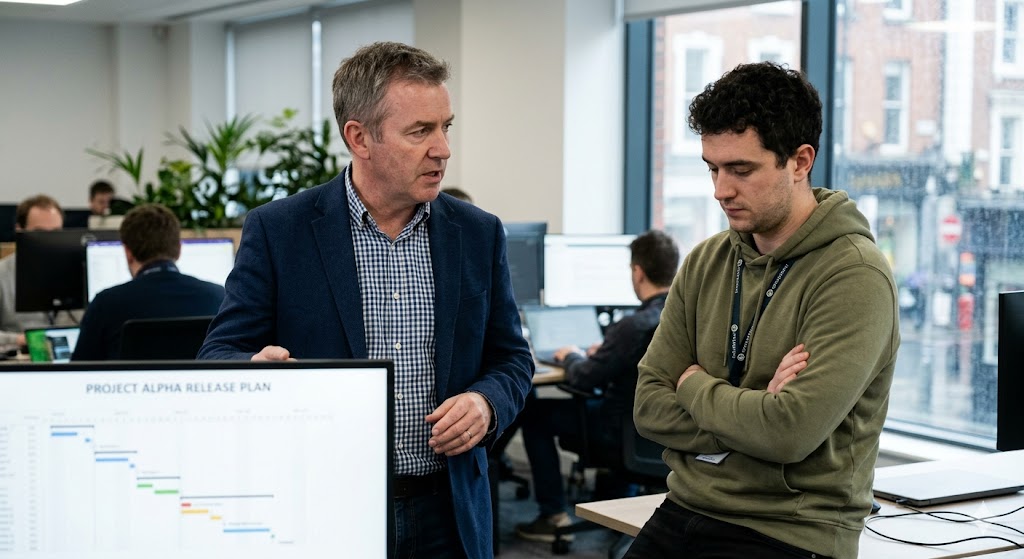 A retail manager directing a team member — instruction rather than coaching