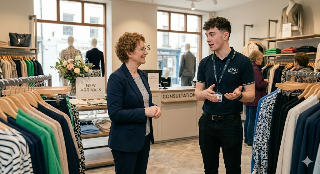 A retail manager listening attentively to a team member on the shop floor