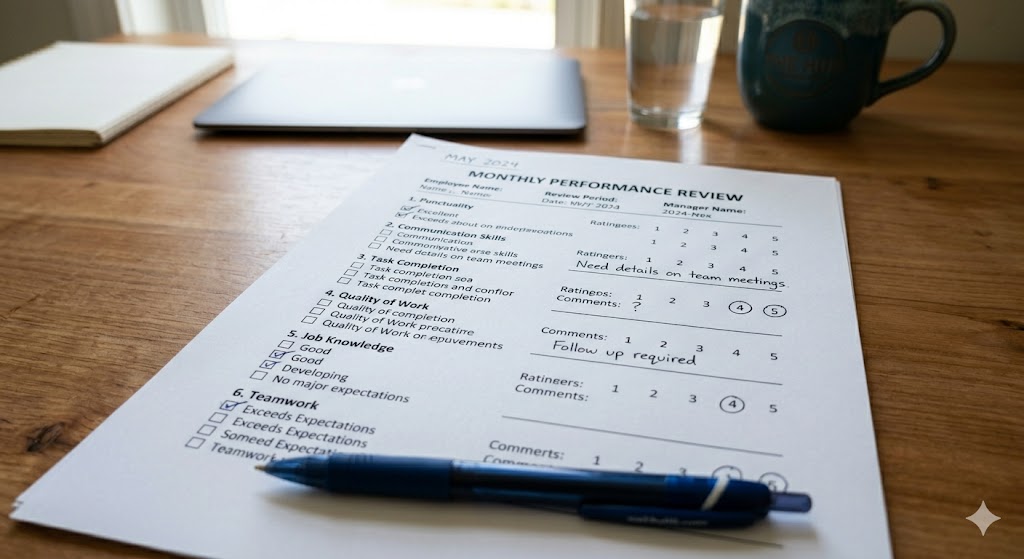 A mystery shopping scoresheet on a counter — the starting point for improvement