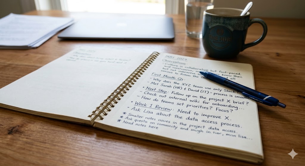An open notebook on a desk with handwritten observations from a new retail manager's first weeks