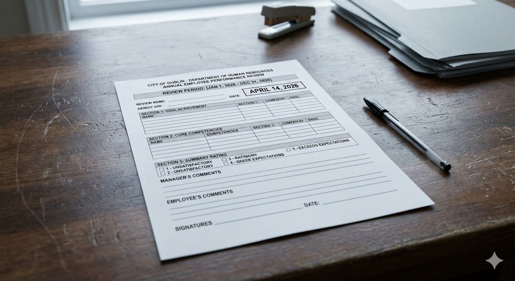 A blank retail performance review form on a desk — the annual ritual that rarely changes anything
