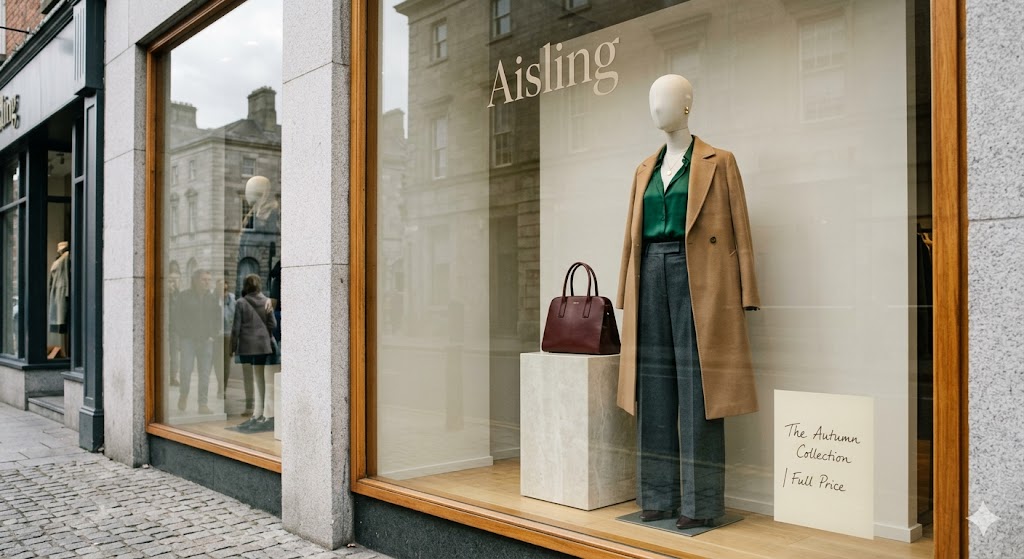 A retail window display that communicates quality and full price — no sale signage