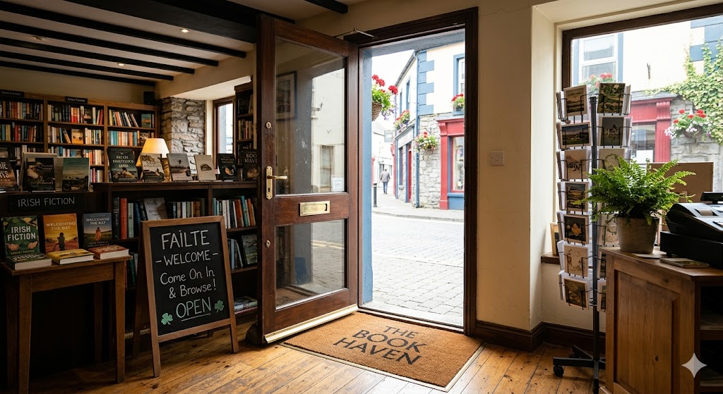 A retail store entrance viewed from inside — the threshold where the Welcome phase begins